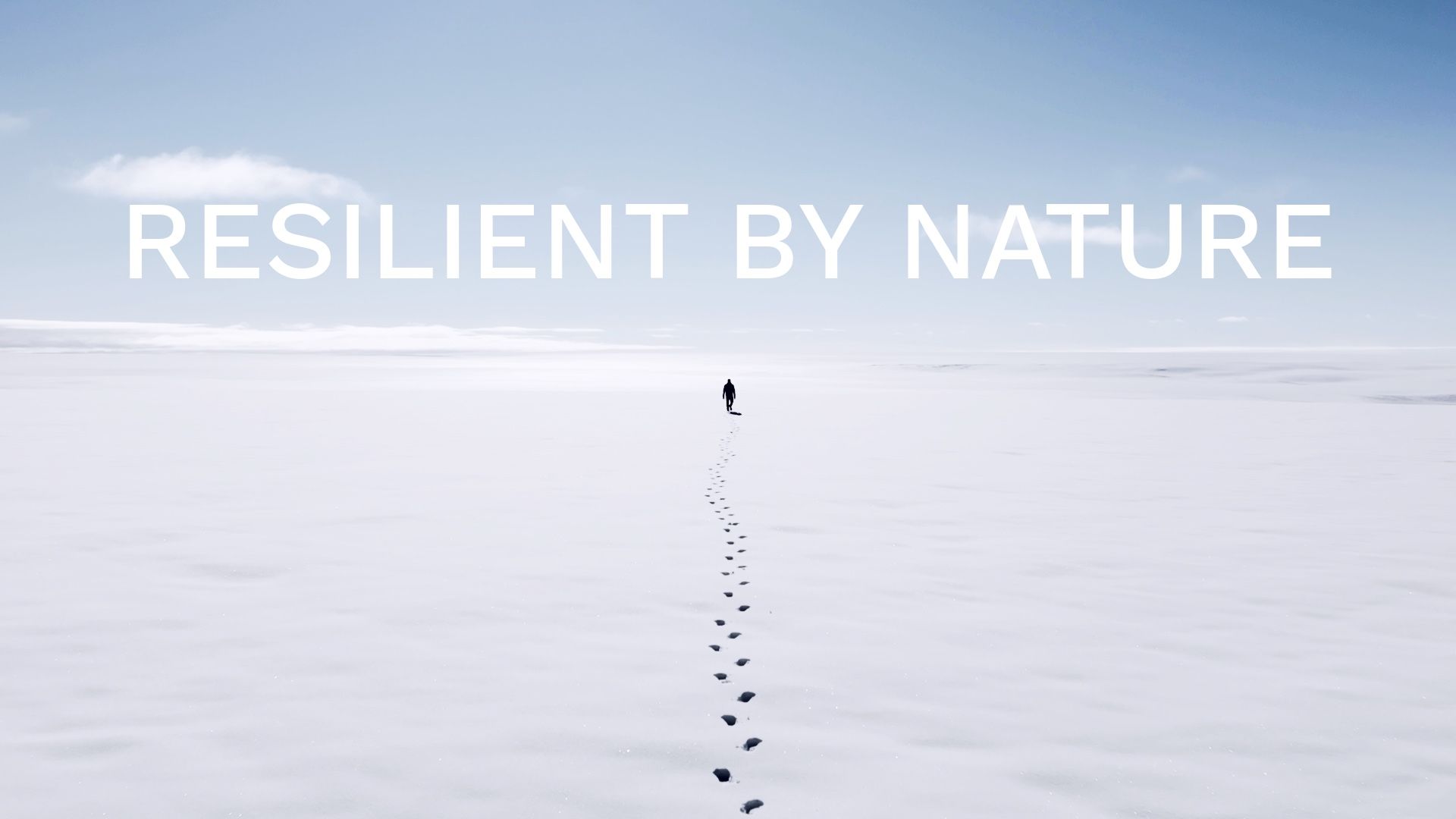 Resilient By Nature film poster — a lone figure leaving footprints across a snowfield in Greenland